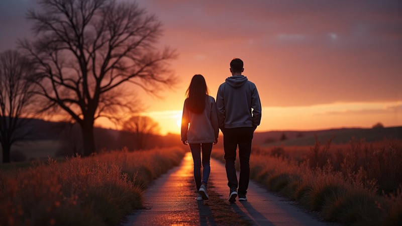 Couple walking in the sunset